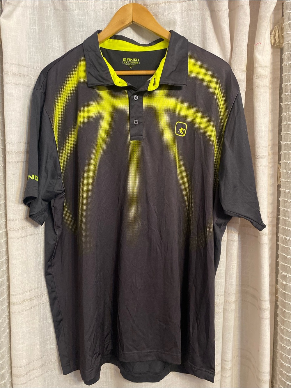 AND1 Basketball Graphic Polo Shirt Mens 2XL Charcoal Grey Neon Yellow Performanc